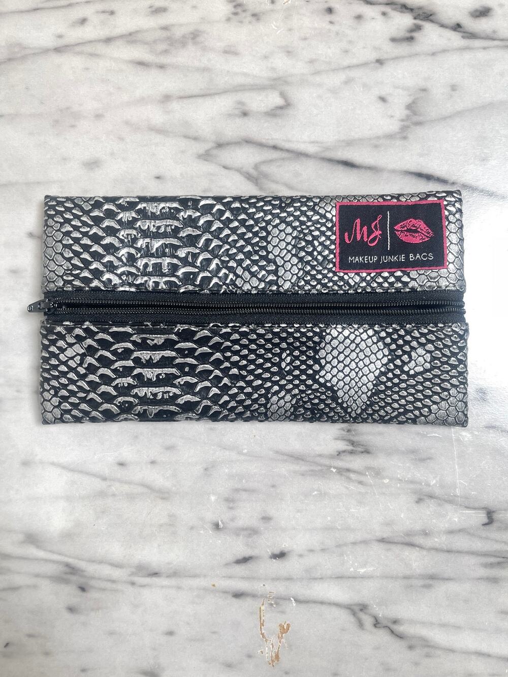 Makeup Junkie Bags Metallic Snakeskin Lay-Flat Cosmetic Pouch Bag Size Mini